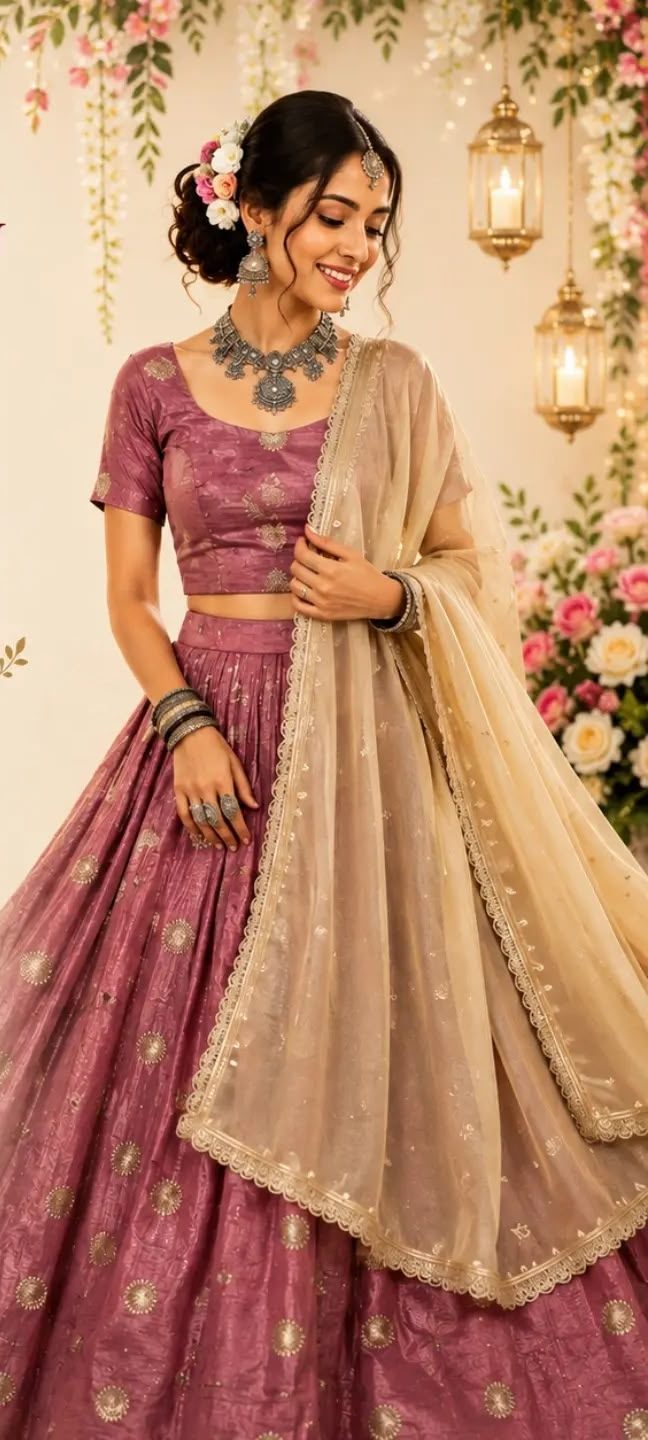 A woman in a mauve chaniya choli with a cream dupatta and silver jewellery